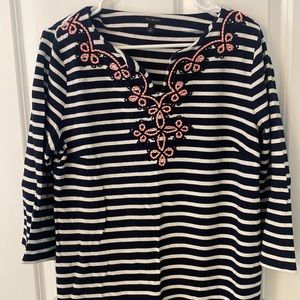 Navy and white striped dress with embellished neck